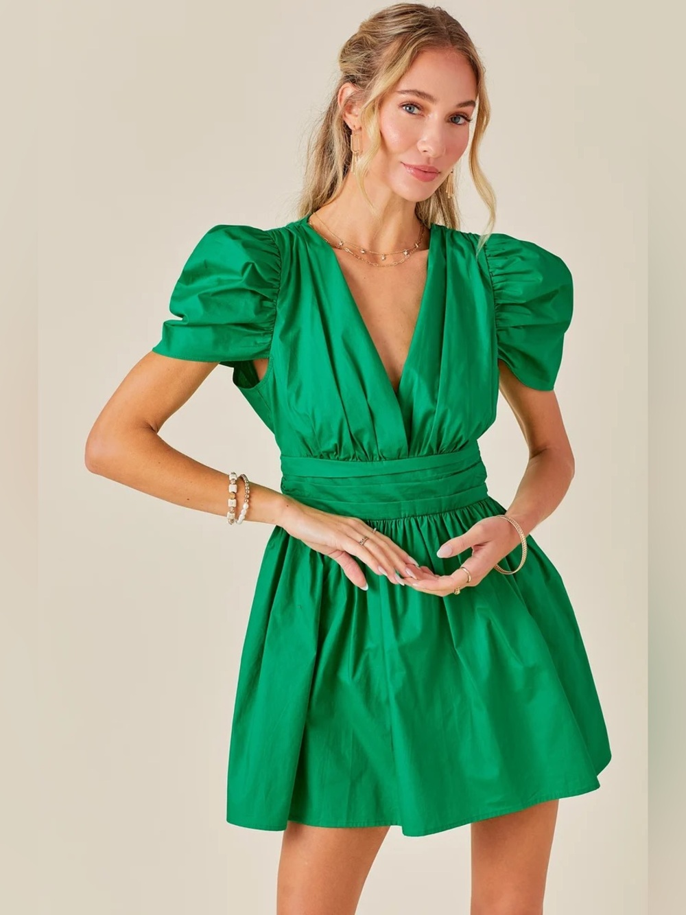 Day + Moon romper mini dress vneck ruffle short sleeve cotton kelly